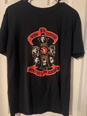 Next Level Apparel Black Graphic Tee with Red and Gold Band Emblem